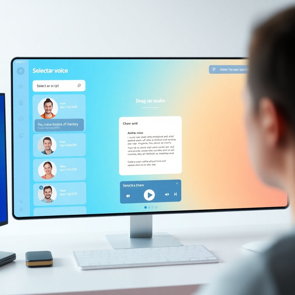 A photorealistic image of a clean, intuitive interface with drag and drop functionality, showing the process of selecting a voice, uploading a script, and generating a high-quality audio file. The design should be modern and minimalist.