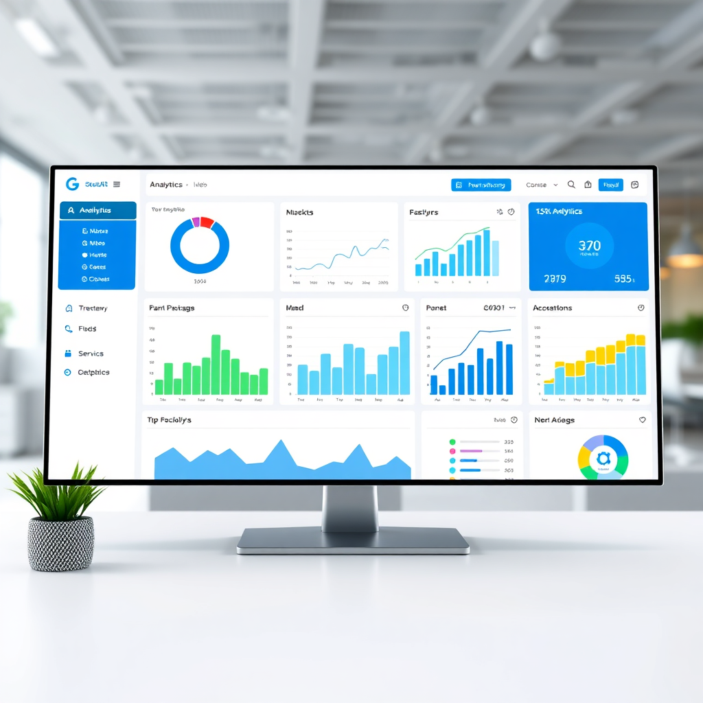 A photorealistic image of a dashboard displaying website analytics, charts, and graphs. The dashboard should be clean and user-friendly. Use a blue and white color palette with highlights in green and yellow. The background should be a modern office environment. Resolution: 4K.