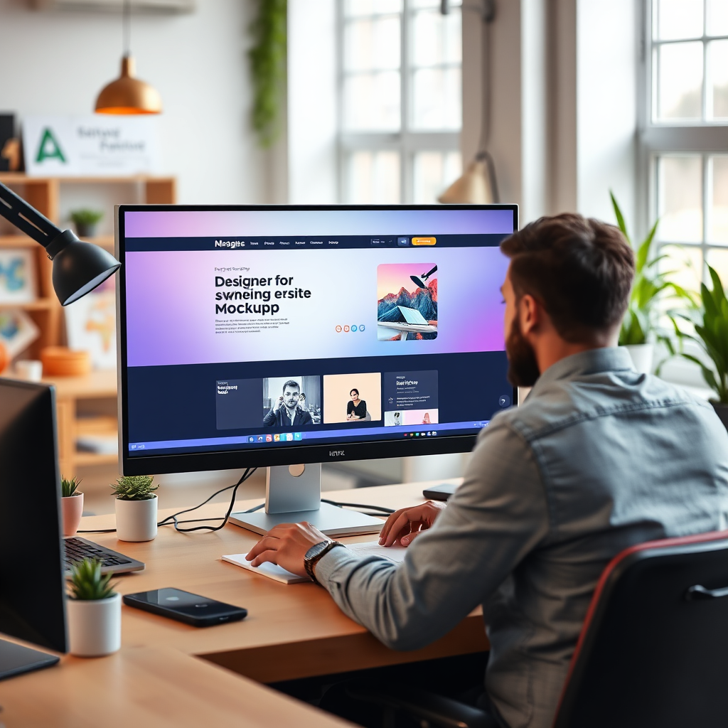 A photorealistic image of a designer working on a website mockup on a large computer screen. The screen displays a modern and visually appealing website design. The background features a creative and inspiring office environment. Use a vibrant color palette. Resolution: 4K.