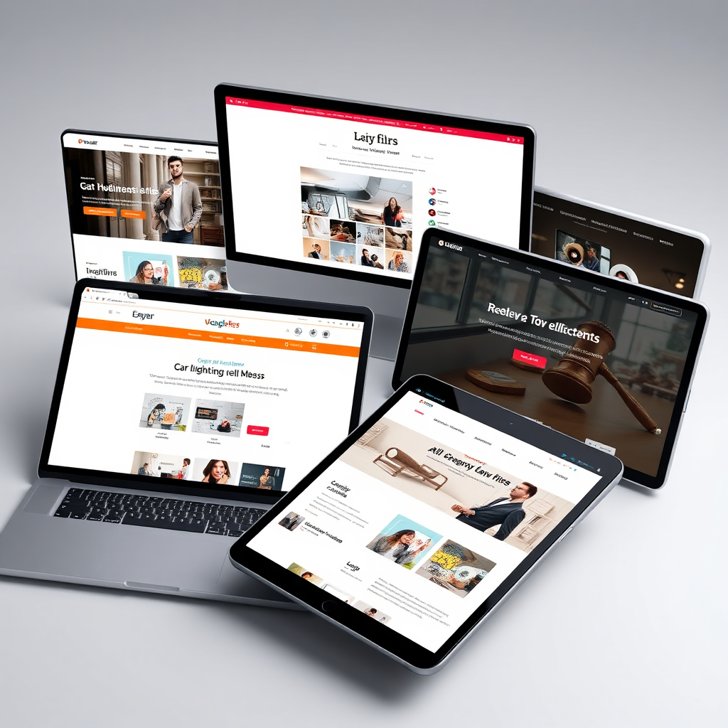 A photorealistic image of a diverse range of device screens (laptop, tablet, phone) displaying different website designs, each uniquely tailored to a specific industry (e.g., a modern e-commerce site for a retail business, a clean and professional site for a law firm). The screens are arranged in a visually appealing collage, symbolizing versatility. Lighting should be soft and diffused. Resolution: 4K.