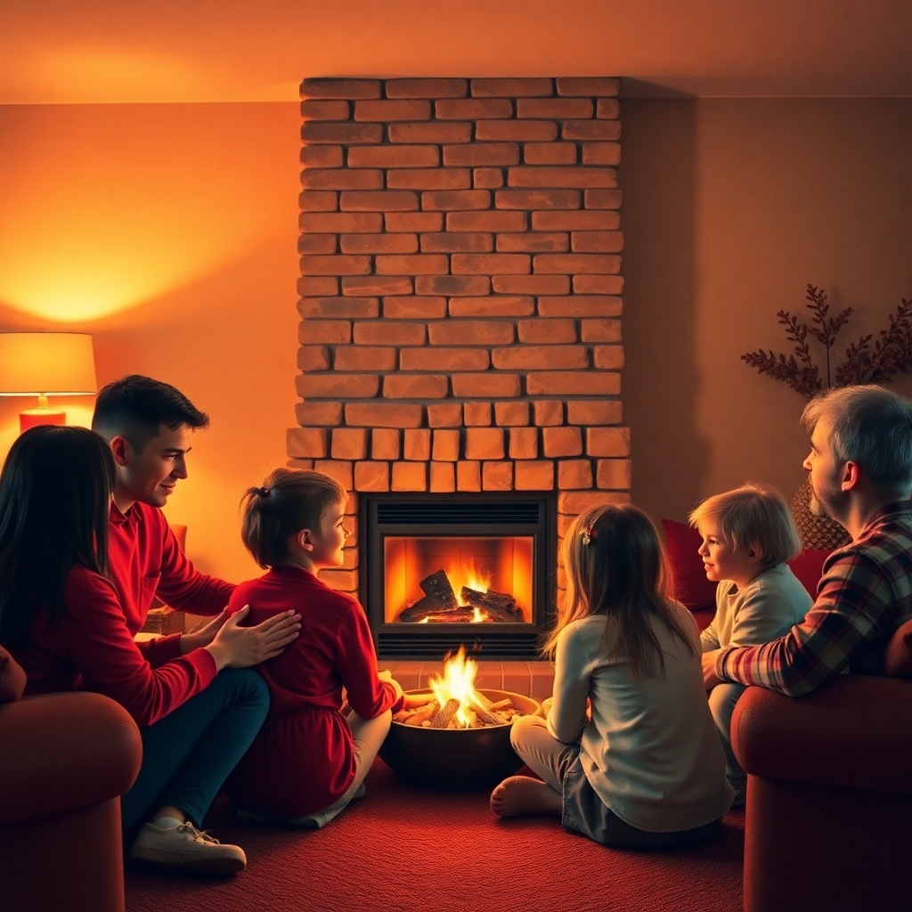 A photorealistic image of a family gathered around a warm fireplace in a cozy living room. A Kanko West Inc. technician is subtly visible in the background, ensuring the heating system is functioning properly. The image should convey warmth, comfort, and reliability. The color palette should be primarily reds, oranges, and browns, creating a warm and inviting atmosphere.