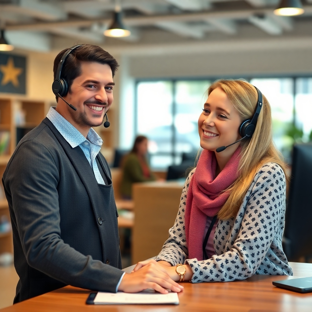 A photorealistic image of a friendly customer support agent helping a customer. The image should be warm, inviting, and project a feeling of helpfulness and approachability.