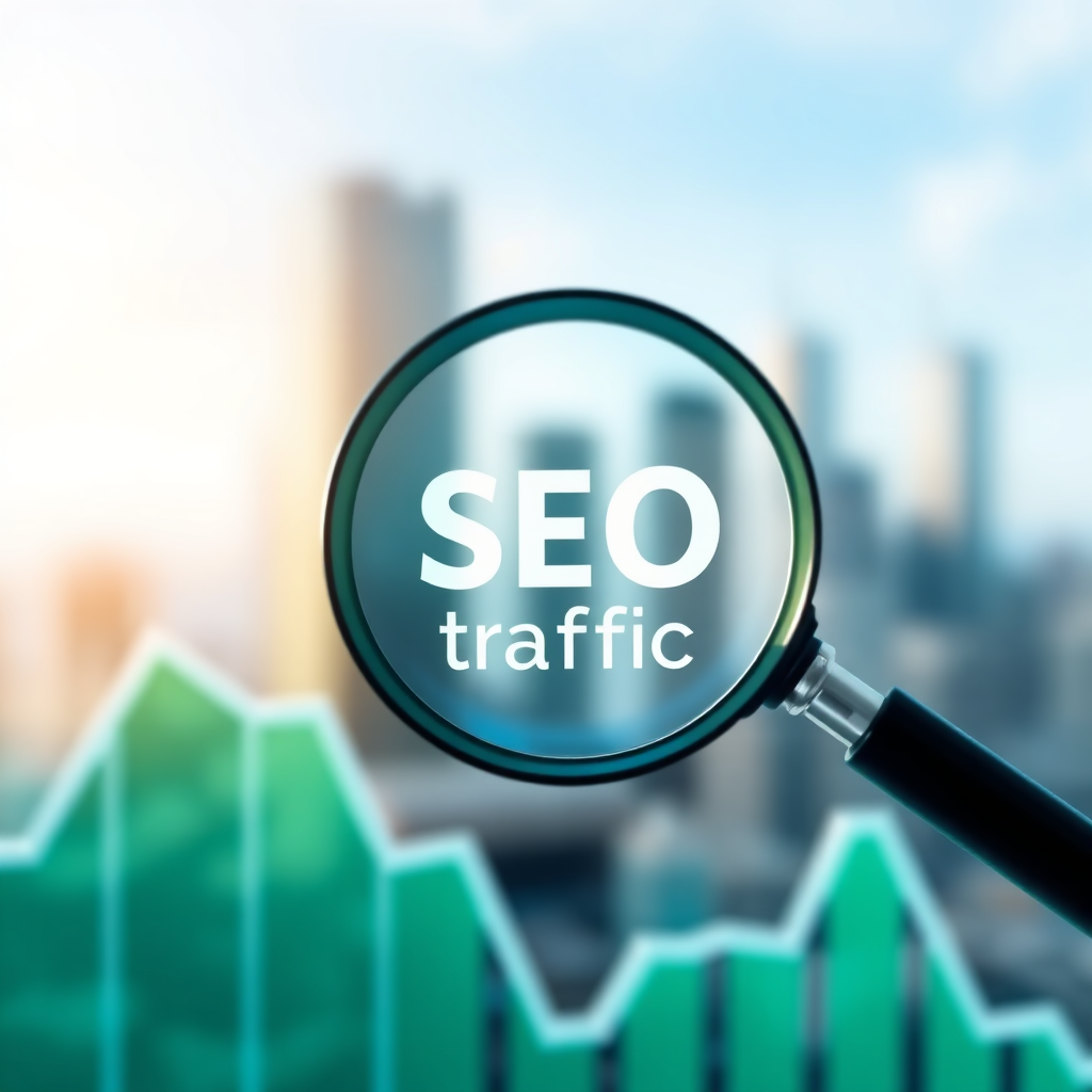 A photorealistic image of a graph trending upwards, representing increased website traffic. A magnifying glass hovers over the graph, symbolizing SEO optimization. The background features a blurred cityscape, representing the business environment. Use a vibrant color palette with greens and blues. Resolution: 4K.