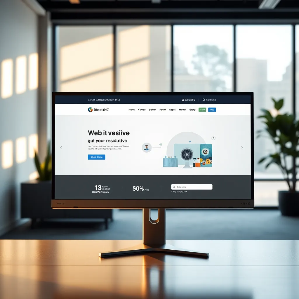 A photorealistic image of a modern, sleek website design on a high-resolution monitor. The website should showcase a clean layout, visually appealing graphics, and intuitive navigation. Soft lighting illuminates the screen, casting a subtle glow on the surrounding environment. The background features a minimalist office setting with natural light streaming through a large window. The scene should evoke a sense of professionalism and innovation, highlighting the website's user-friendliness and aesthetic appeal. Capture the image in 8K resolution, emphasizing intricate details and textures. The overall mood should be modern, sophisticated, and inviting, reflecting Blenat INC's commitment to delivering high-quality web design solutions.
