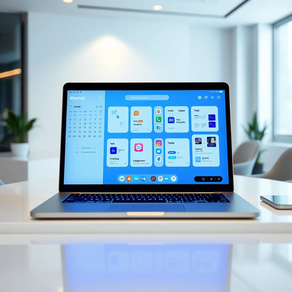A photorealistic image of a modern, sleek laptop with a glowing screen displaying the Blenat Design 9-in-1 App interface. The interface should be clean, user-friendly, and visually appealing, showcasing various features like a calendar, note-taking, task management, and design tools.  The laptop should be positioned on a sleek, minimalist desk in a well-lit office space, with soft, diffused lighting. The color palette should be predominantly white and grey with pops of vibrant blue accents for the app interface. The image should have a professional and modern aesthetic, emphasizing the app's efficiency and elegance. The camera angle should be a slightly elevated perspective, capturing the laptop screen and the surrounding workspace.