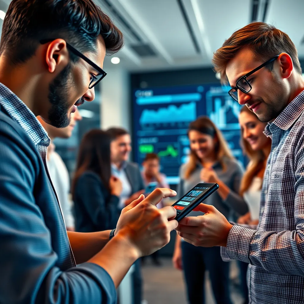 A photorealistic image of a modern, innovative product being used by a diverse group of people, highlighting the unique features and functionalities of the custom-built software, signifying a competitive edge.