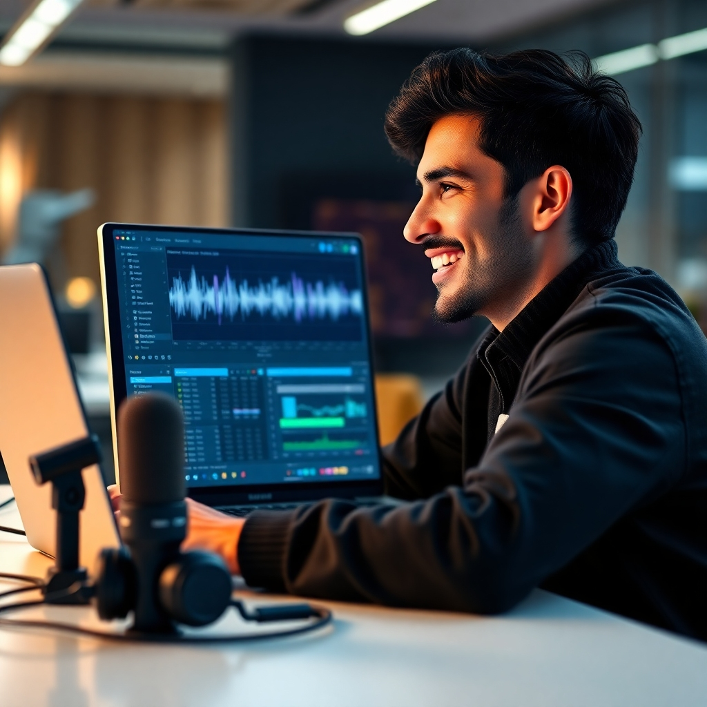 A photorealistic image of a person smiling and looking at a laptop screen displaying a waveform audio editing interface. The laptop is on a modern desk with a microphone and headphones nearby. The background is a blurred modern office space.
