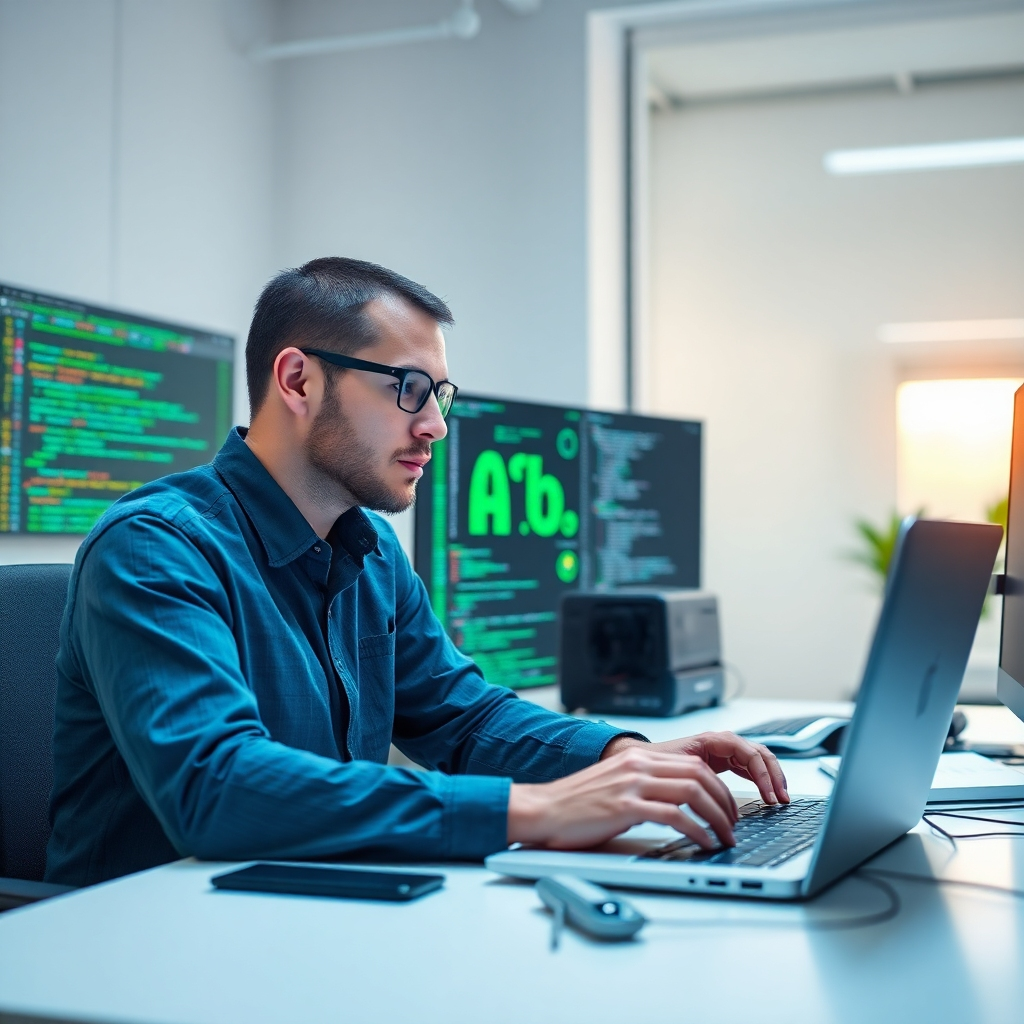 A photorealistic image of a programmer working on a project involving AI technology, including code and sophisticated visualizations. Use a clean and modern workspace and bright lighting.