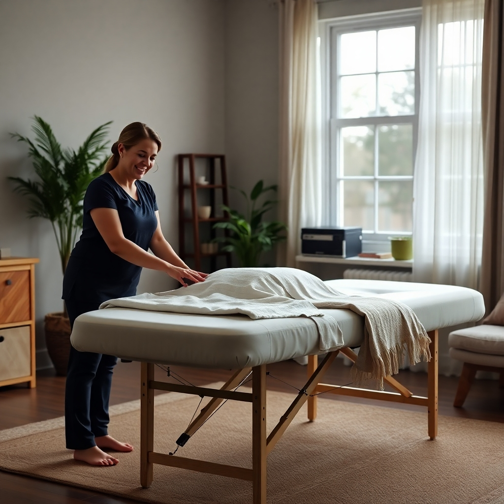 A photorealistic image of a professional massage therapist setting up their portable massage table in a clean, modern Georgetown home. The therapist is smiling warmly while interacting with a client. Focus on the easy portability of the massage equipment and the comfortable, relaxed atmosphere created.