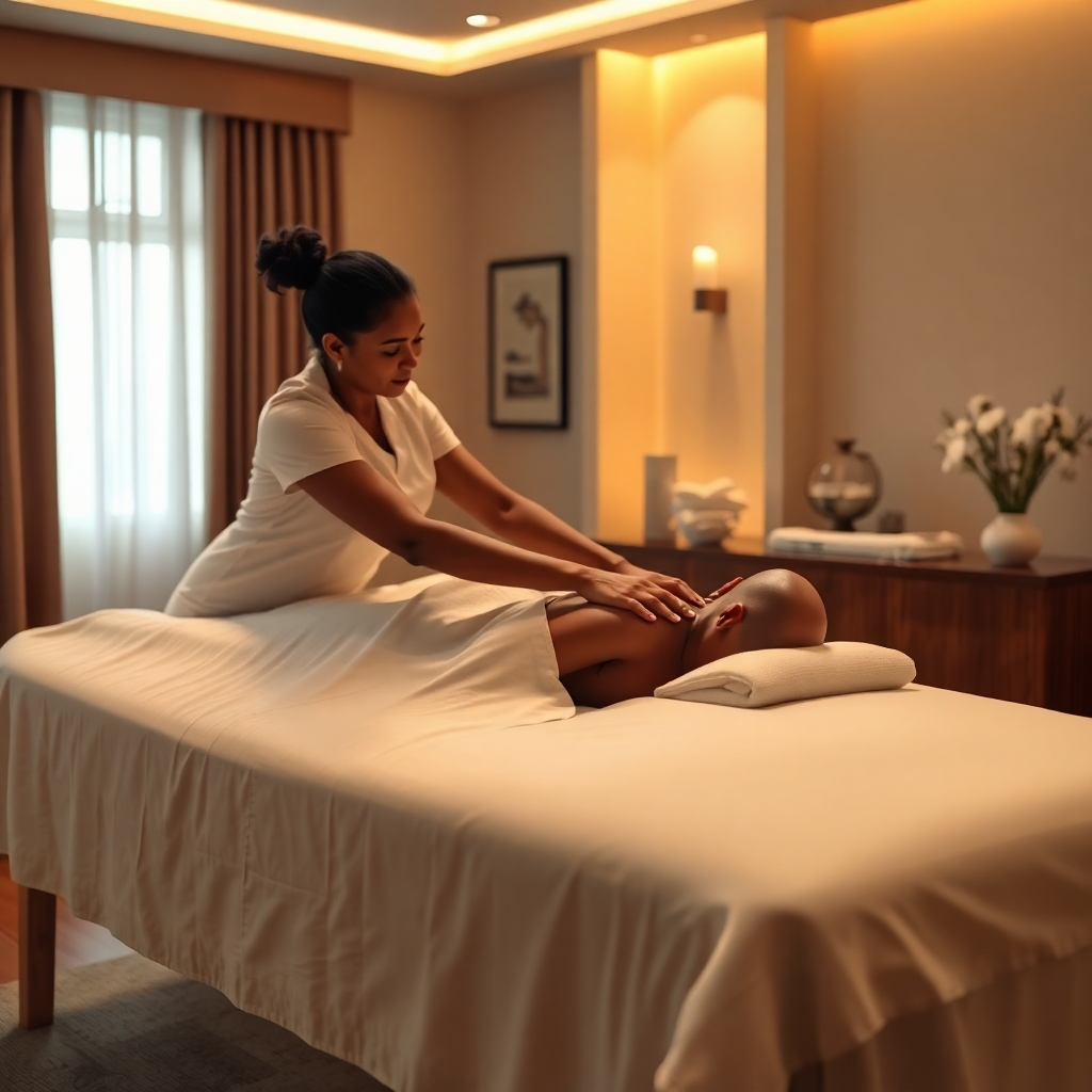 A photorealistic image of a serene massage room in Georgetown, Guyana, with warm lighting, a massage table draped in white linens, and a therapist's hands gently kneading a client's shoulder. The room should have subtle Guyanese design elements, creating an atmosphere of tranquility and professionalism. Focus on the therapist's gentle touch and the client's relaxed expression.