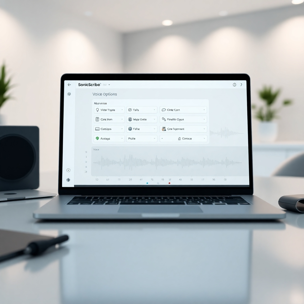 A photorealistic image of a sleek, modern laptop displaying the SonicScribe interface with various voice options and a waveform visualizing audio output. The background should be a clean, minimalist workspace with soft lighting, suggesting professionalism and ease of use.