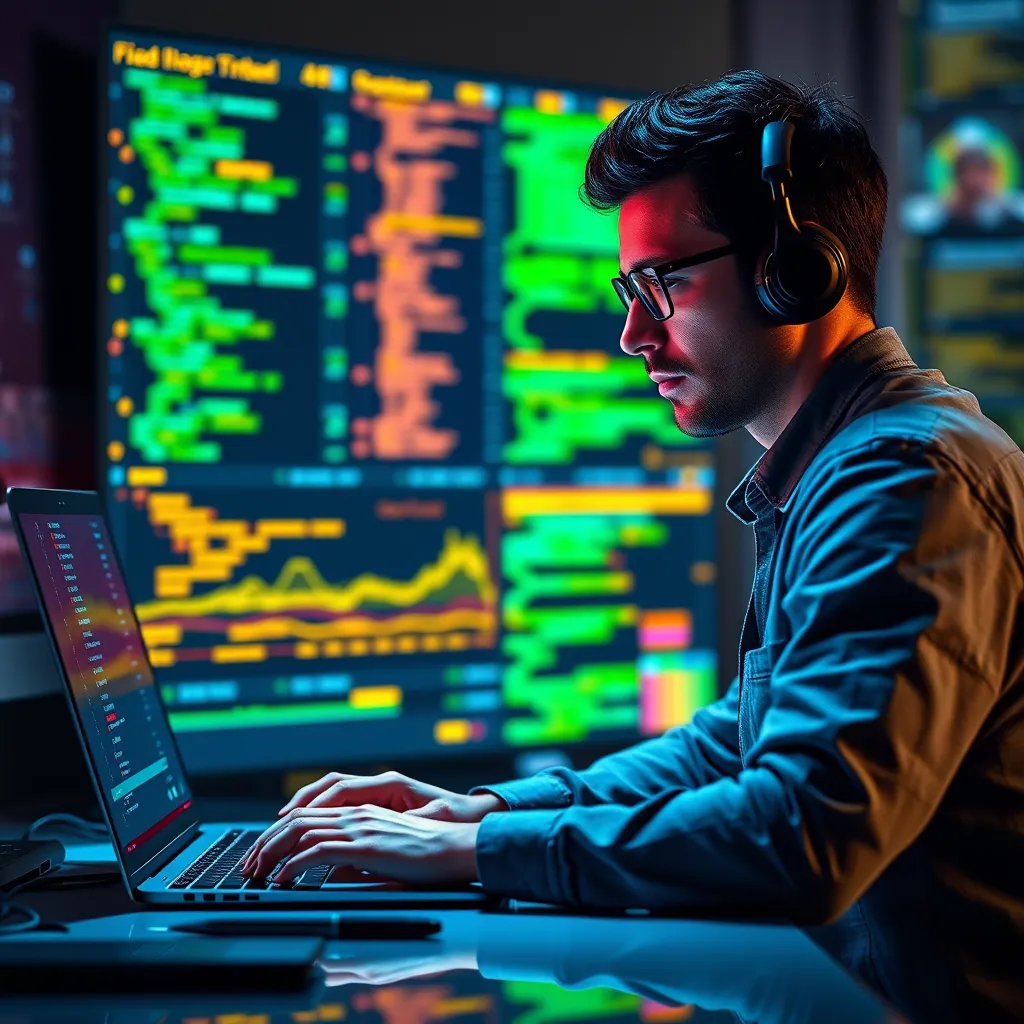 A photorealistic image of a software developer working on a laptop, with a colorful interface showing data flowing between different applications, representing seamless integration.