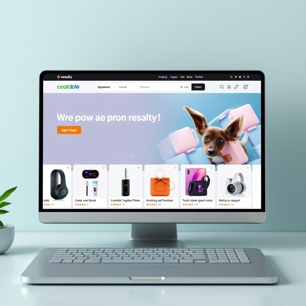 A photorealistic image of a website displaying various products for sale. The website should be clean and user-friendly. Use a vibrant color palette with appealing product visuals. Resolution: 4K.