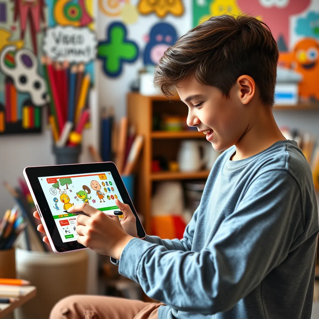A photorealistic image of a young, creative artist using the Blenat Doodle Video Creator on a tablet. The tablet should be displaying a colorful, animated video featuring whimsical characters and playful animations. The artist should be enthusiastically sketching and adding details to the video, showcasing the app's ease of use and creative potential. The background should be a vibrant and colorful studio filled with various art supplies, reflecting the creative nature of the app. The lighting should be bright and natural, emphasizing the colors and textures of the artwork. The camera angle should be a close-up shot focusing on the artist's hands and the tablet screen, capturing the dynamic and engaging process of creating an animated video.