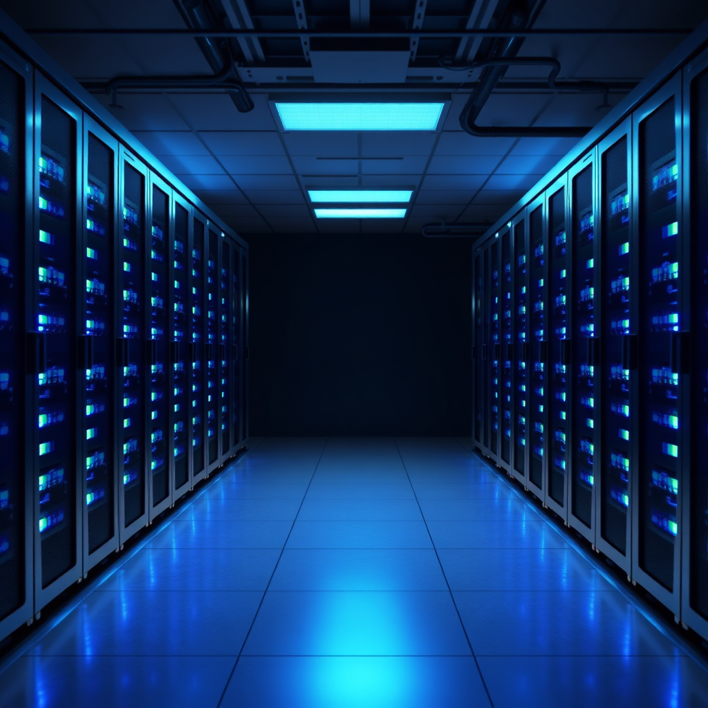 A photorealistic image of servers glowing with activity inside a secure data center. The image should convey a sense of reliability and security. Use a dark background with glowing blue and green lights. Resolution: 4K.