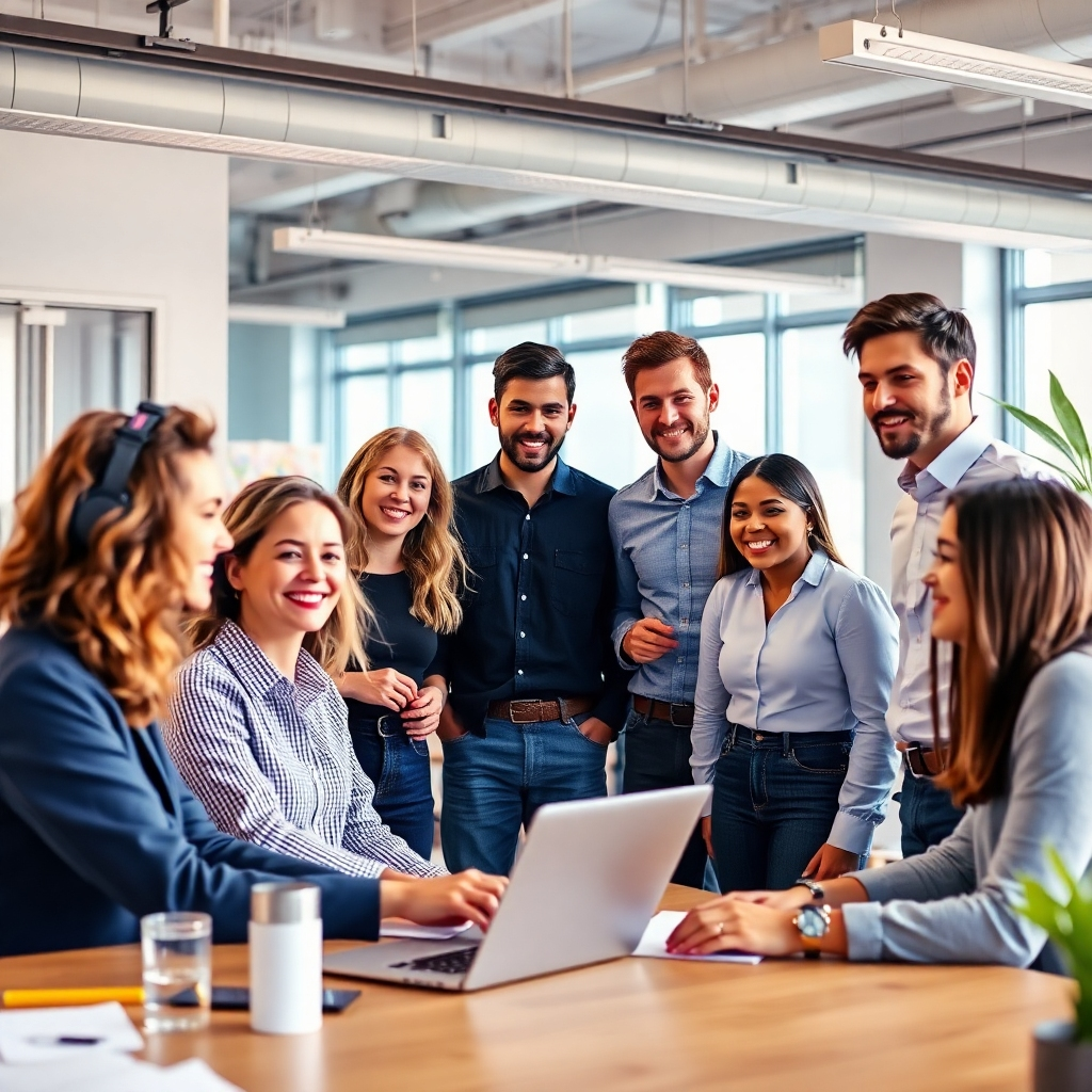A photorealistic image of the Blenat AI Tools team collaborating in a vibrant workspace. Show diversity and professionalism. Use natural lighting and a warm color palette. The camera angle should be slightly wide, capturing the entire team's energy. The setting should be professional and modern, conveying trust and expertise.