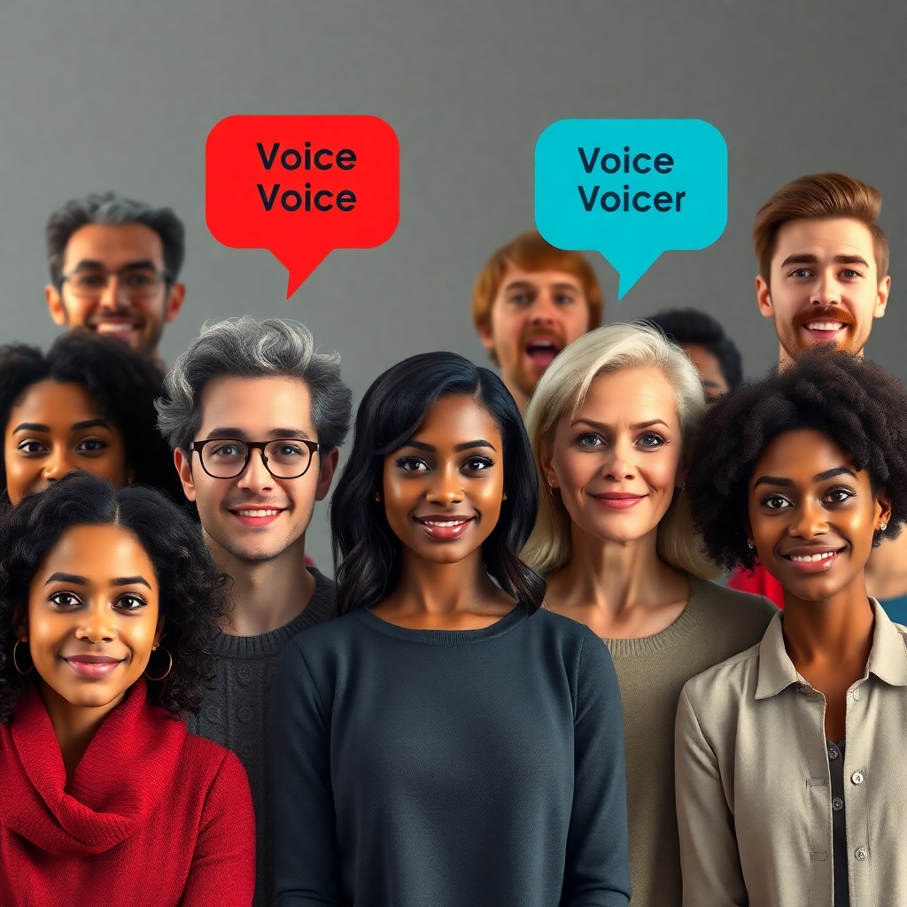 A photorealistic image showcasing a diverse group of people, each with a unique style and personality, representing the voice actors available on the platform. Each person has a speech bubble above them displaying a different emotion or tone.