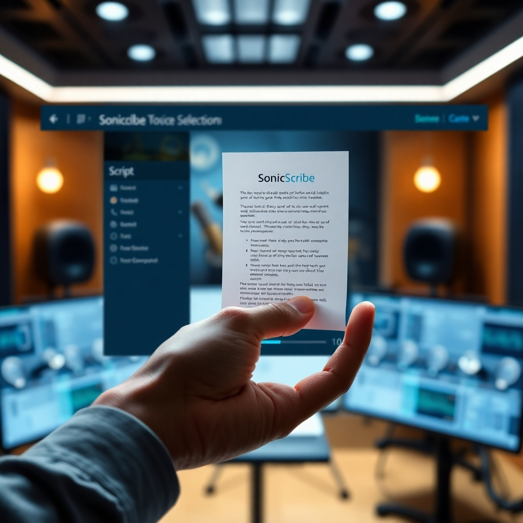 A photorealistic image showcasing a hand seamlessly uploading a script document into a user-friendly software interface (SonicScribe). The interface should clearly show voice selection options and progress bars for the audio generation process.  The background could feature a blurred image of a recording studio, suggesting professional audio production.