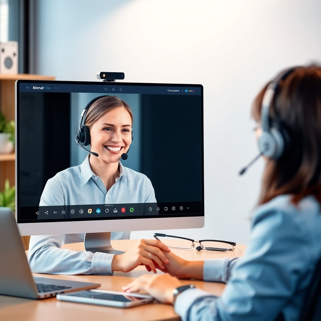 A photorealistic image showcasing Blenat AI Tools providing remote support to a client: a friendly support agent on a video call, guiding a client through a straightforward process. Use a professional setting. The color palette should be calming and approachable. The lighting should be balanced and well-lit. The camera angle should focus on the interaction between the client and support agent. Focus on creating a feeling of trust and reliability.