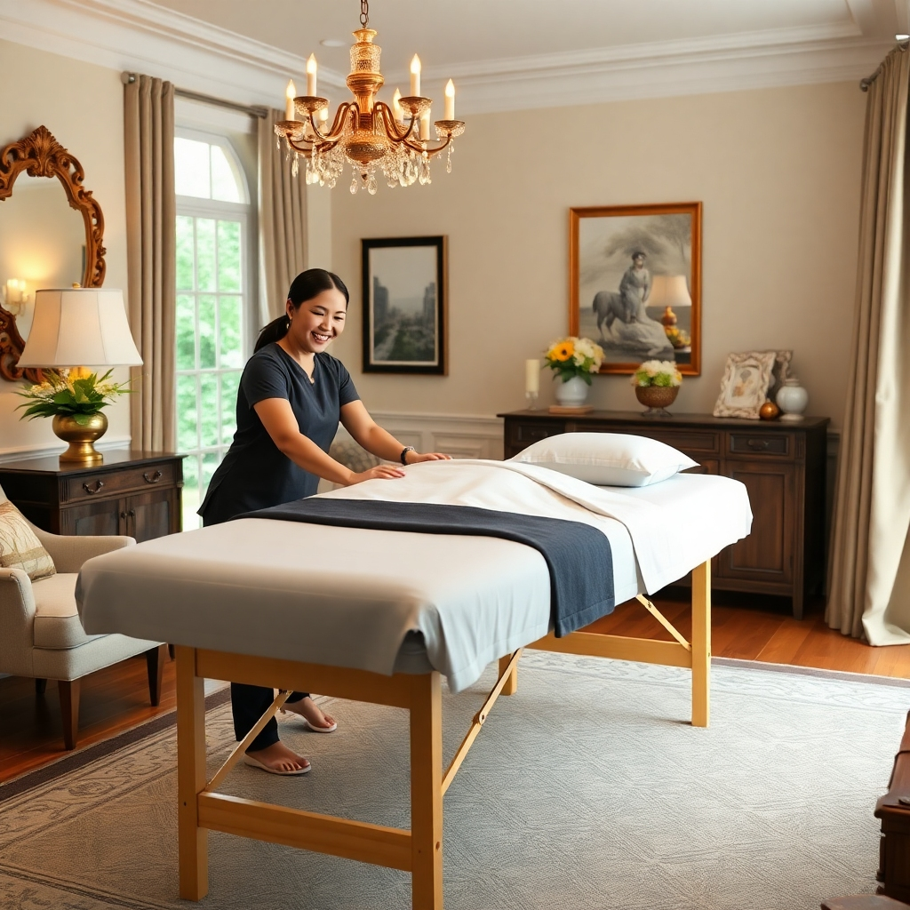 A photorealistic image showcasing the convenience of mobile massage therapy. A smiling massage therapist is setting up their portable massage table in a beautifully decorated Georgetown home.  The client is visible, looking relaxed. Focus on the neat, professional setup, showcasing the portable nature of the service in a luxurious yet homely setting. High-resolution, sharp details.