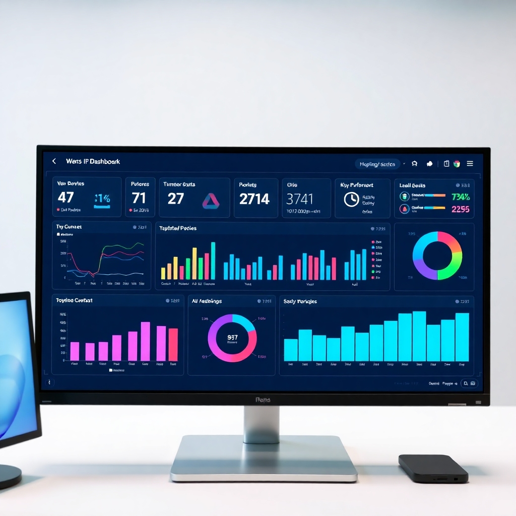 A photorealistic image showing an AI dashboard displaying insightful visualizations and key performance indicators (KPIs). The dashboard should be clean and easy to understand. The color palette should be professional and data-focused. The camera angle should be focused on the screen. The lighting should be bright and even.