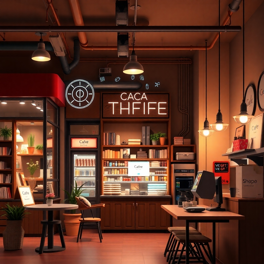 A photorealistic image showing various local businesses (a cafe, a retail store, a small office) with AI-powered elements subtly integrated into their operations (e.g., smart inventory management, personalized customer service). The image should convey a sense of everyday business operations enhanced by AI. The color palette should be warm and inviting. The lighting should be natural and soft, emphasizing the blend of traditional business and cutting-edge technology.
