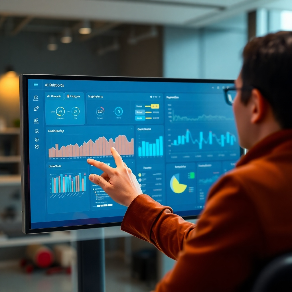 A photorealistic image showing a user interacting smoothly with an AI-powered dashboard. The interface should be intuitive and user-friendly, with relevant data displayed clearly. The color palette should be clean and professional, with good contrast. The camera angle should be from a user's perspective, focusing on the ease of interaction. The lighting should be even and bright, enhancing the visual appeal.
