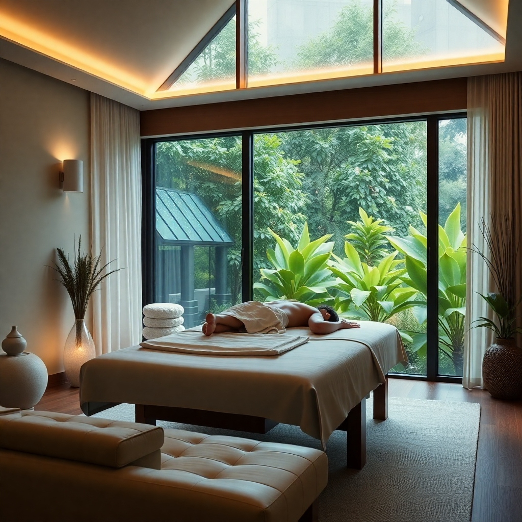 A serene bedroom with soft lighting. A person is receiving a massage on a comfortable massage table, situated near a large window offering a view of a lush, green garden. The overall feeling should be one of peace, tranquility, and luxurious comfort. High-resolution, photorealistic image.