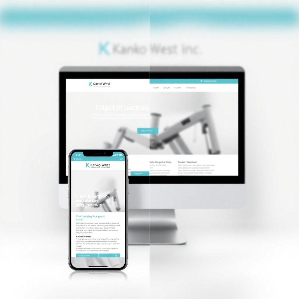 A split-screen graphic showcasing the Kanko West Inc. website displayed on both a desktop computer and a mobile phone. The mobile version is clean, intuitive, and easy to navigate. The desktop version is equally professional and informative. The background is blurred, drawing attention to the website's responsiveness. The color palette is consistent across both devices. The image should convey seamless accessibility and user-friendliness.