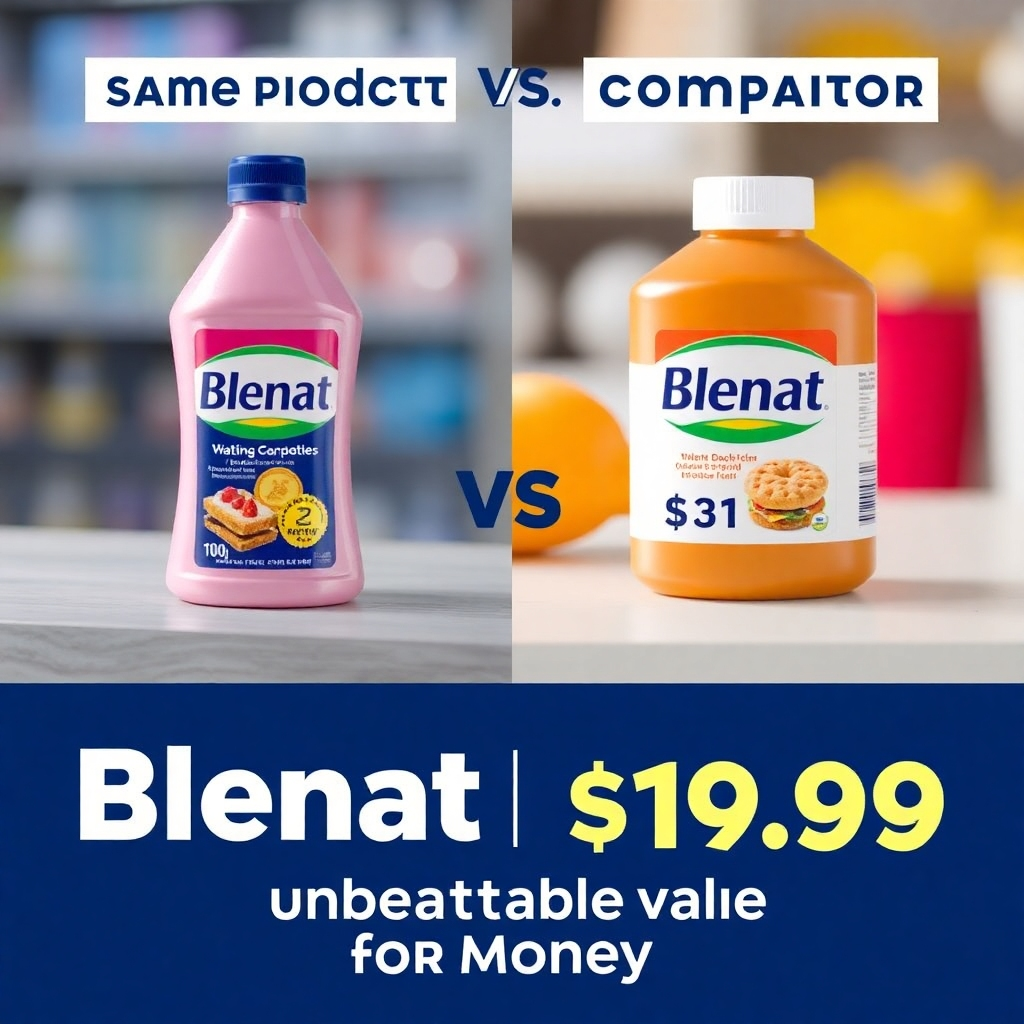 A split-screen image comparing the same product from Blenat and a competitor. The Blenat product is shown in a more favorable light, with better quality and a lower price tag. The overall message is that Blenat offers unbeatable value for money.