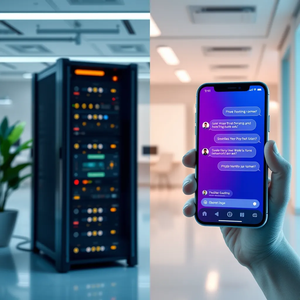 A split-screen image showcasing the benefits of free hosting and chatbot integration. On the left side, a server rack is illuminated with soft lighting, symbolizing secure and reliable hosting. On the right side, a smartphone displays a lively conversation between a chatbot and a customer, emphasizing the seamless and interactive nature of chatbot integration. The overall scene is set in a modern, tech-focused office environment with clean lines and minimalist décor. Capture the image in 8K resolution, highlighting the details of the server rack and the smartphone screen. The color palette should be vibrant and engaging, reflecting the efficiency and convenience of Blenat INC's hosting and chatbot solutions. The overall mood should be positive, dynamic, and reassuring, highlighting the value of these essential website features.