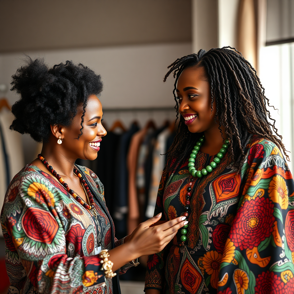 A stylist consulting with a client, offering personalized advice on African-inspired clothing and accessories. The scene emphasizes the stylist's expertise and the client's satisfaction. Soft, flattering lighting enhances the image, highlighting the client's smile and the stylist's attentive expression. Style reference: lifestyle photography with a focus on personal service and customer satisfaction. Technical specs: 4K resolution, vibrant colors.