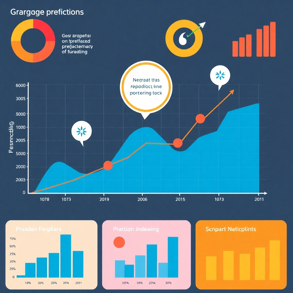 A stylized graph representing data analysis, with visual elements highlighting key insights and predictions.  Use a clear color scheme to showcase different data points and their significance.