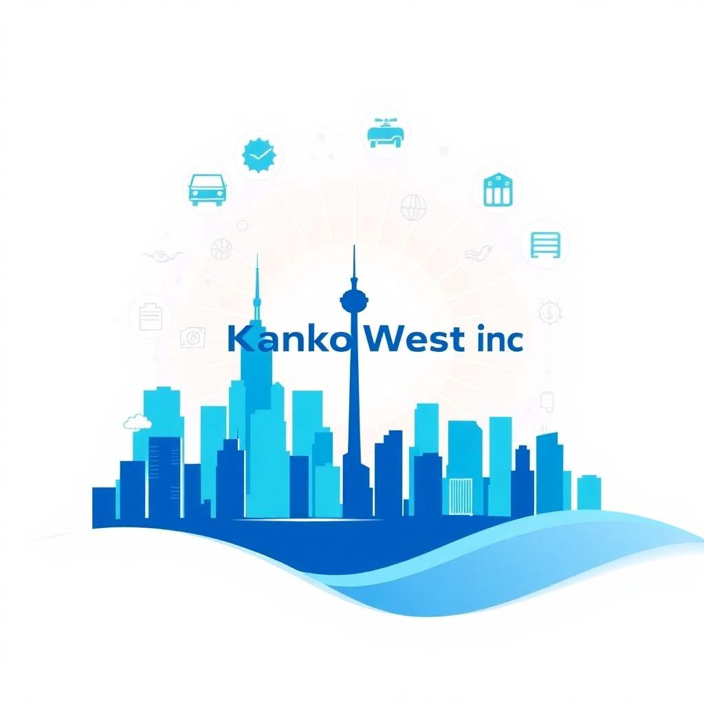 A stylized graphic depicting the Toronto skyline with plumbing and heating icons seamlessly integrated. The Kanko West Inc. logo is prominently displayed, radiating outwards like a beacon. The color palette consists of blues, greens, and whites, conveying trust and reliability. The image should be clean and modern, suggesting technological proficiency and forward-thinking solutions.