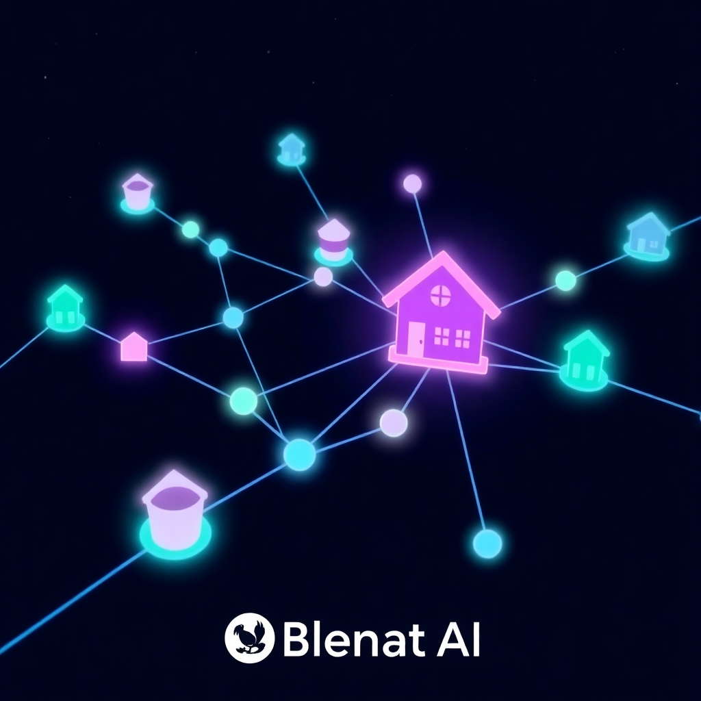 A stylized image, 4K resolution, depicting a network of interconnected nodes representing local businesses, all linked by glowing lines symbolizing Blenat AI's tools and connections. Use a vibrant color scheme with shades of blue, green and purple.  The nodes should be unique, visually representing different types of local businesses (e.g., a coffee cup for a cafe, a house for real estate). The background should be a dark, starry night sky, emphasizing the reach and potential of Blenat AI Tools. The overall style should be clean and modern, with an emphasis on visual clarity and impact.