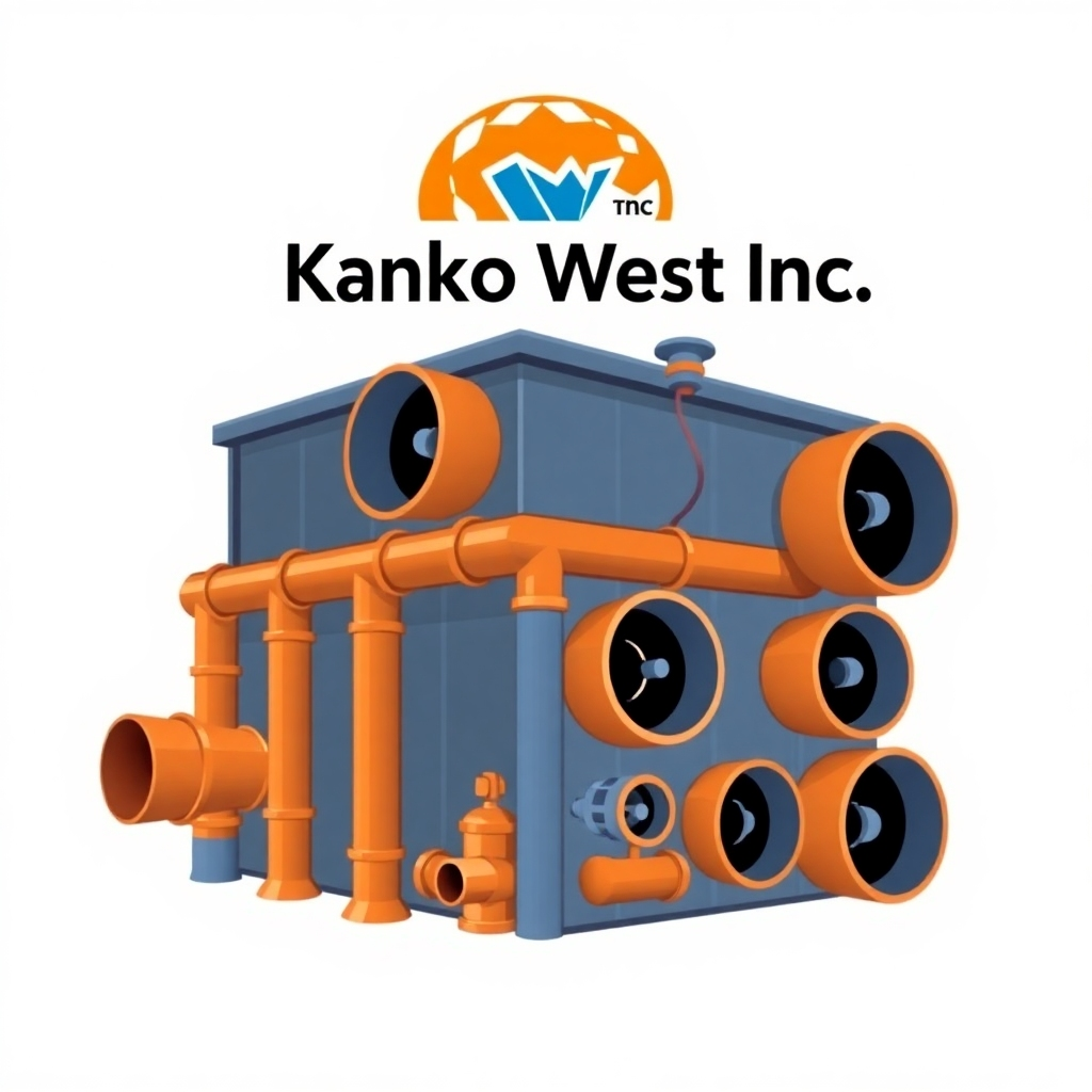A stylized image depicting a building constructed from plumbing pipes and heating vents, symbolizing Kanko West Inc.'s solid foundation and expertise. The Kanko West Inc. logo is prominently displayed at the top of the building. The color palette consists of browns, coppers, and blues, conveying strength and reliability. The image should be clean and modern, suggesting professionalism and trust.
