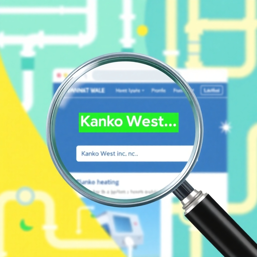 A stylized image depicting a magnifying glass focusing on the Kanko West Inc. website as it appears in search engine results. The website is highlighted in a bright, inviting color, attracting the viewer's attention. The background features abstract representations of plumbing and heating elements. The color palette consists of greens, blues, and yellows, conveying optimism and growth.