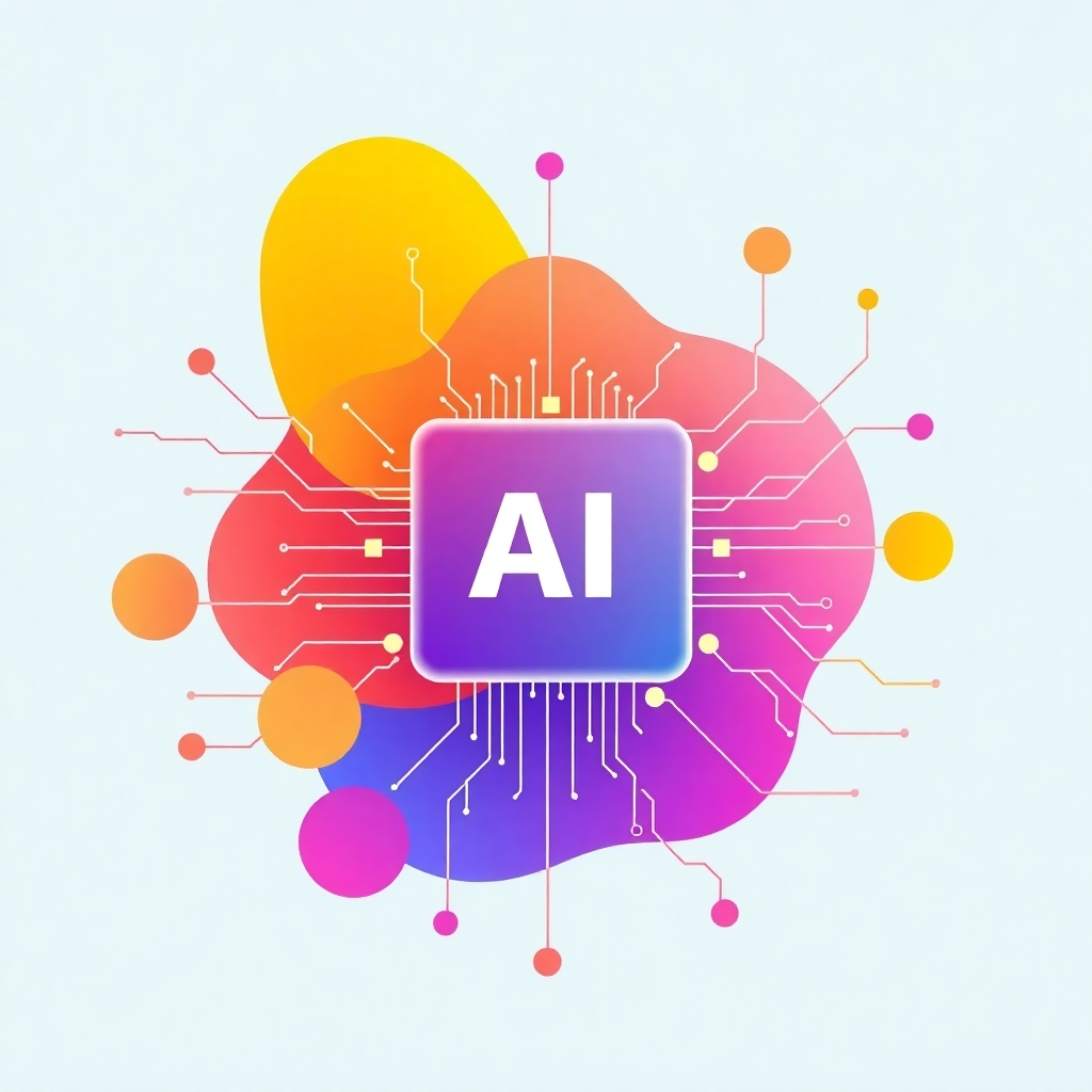 A stylized image depicting the process of AI development: abstract shapes representing data flowing into a central processing unit, transforming into actionable insights. Use a vibrant, futuristic color palette, with clean lines and a minimalist style. The camera angle should be from above, showing the flow of data. The lighting should be soft and even, creating a sense of technological elegance.
