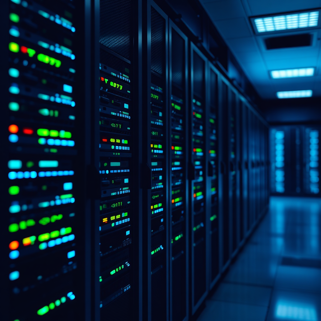 A stylized image of a server rack glowing with activity in a data center. The image should convey reliability and security. Use a dark background with glowing blue and green lights. Resolution: 4K.