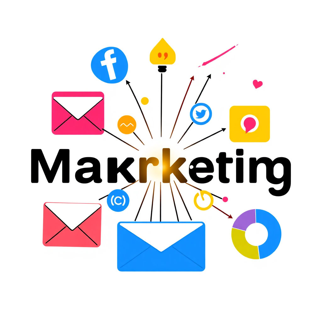A stylized image of various marketing icons (email, social media, search engine) converging on a central point, symbolizing a unified marketing strategy. Use a bright and energetic color palette. The background should be clean and modern. Resolution: 4K.