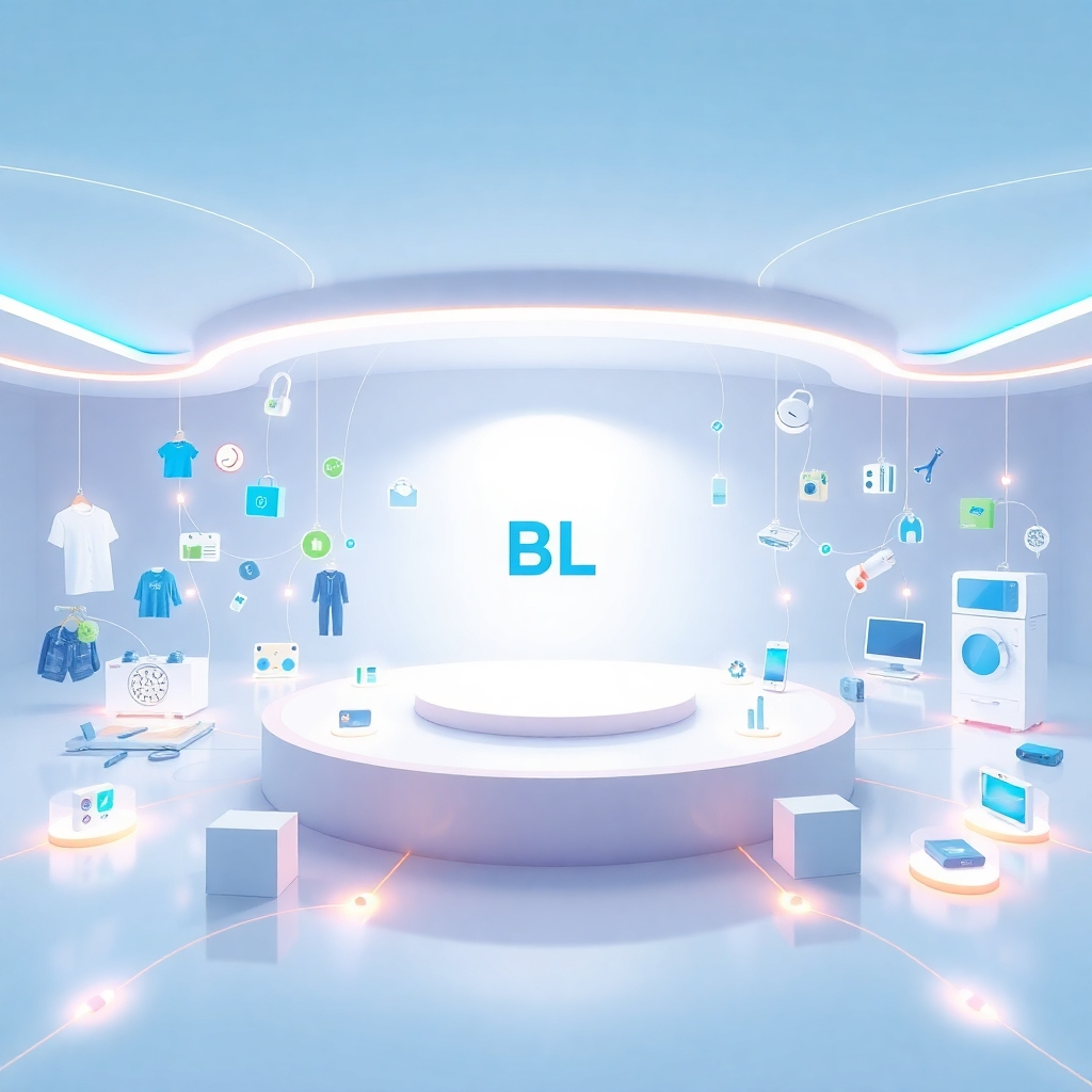 A stylized image representing Blenat's core concept: an interconnected network of products flowing into a central hub. The hub is a minimalist, brightly lit room with the 'BL' logo subtly displayed. Around the hub are floating, stylized representations of clothing items, electronic gadgets, and home appliances, all connected by glowing energy streams. The color palette is bright and modern, featuring blues, greens, and whites with pops of vibrant accent colors. The camera angle is a wide shot, capturing the entire network. Texture details are clean and smooth, with a focus on conveying a sense of innovation and connectivity. The overall style should be clean, modern, and futuristic, drawing inspiration from minimalist design and tech interfaces. Technical specs: 4K resolution, high-quality CGI rendering with a focus on visual clarity and smooth gradients.