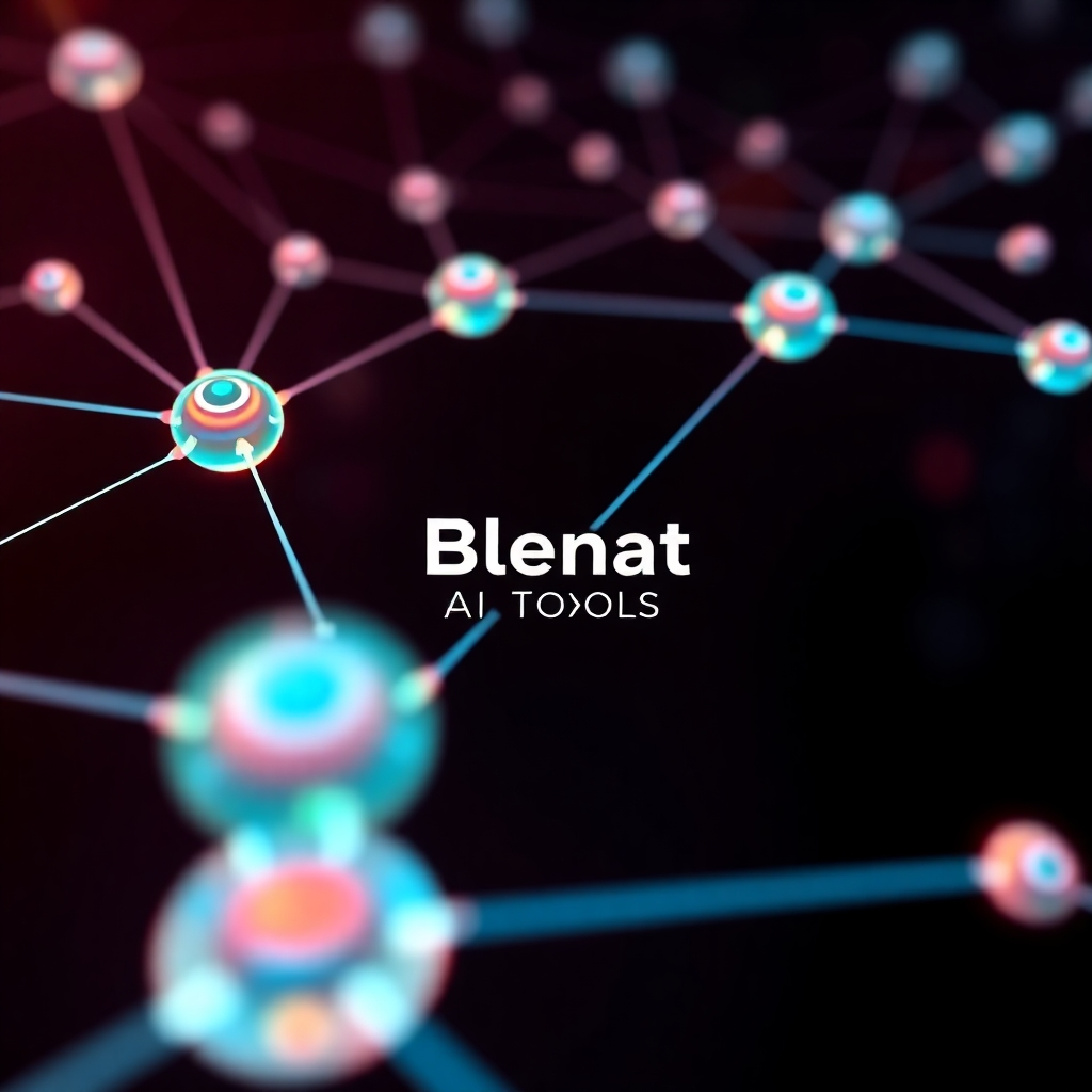 A stylized image representing Blenat AI Tools' mission: A network of interconnected nodes, each representing a local business, connecting to a central hub (the Blenat AI Tools logo). Use a vibrant color palette with futuristic elements. The image should have a clean, minimalist style, similar to corporate branding for tech companies.  Camera angle should be slightly oblique, focusing on the interconnectedness of the nodes.  Lighting should be soft and even, enhancing the futuristic feel. The nodes should have a slightly transparent texture and glow gently. The overall style should be visually appealing and evoke a sense of connectivity and innovation.  Resolution should be 4K, high quality and suitable for a website.