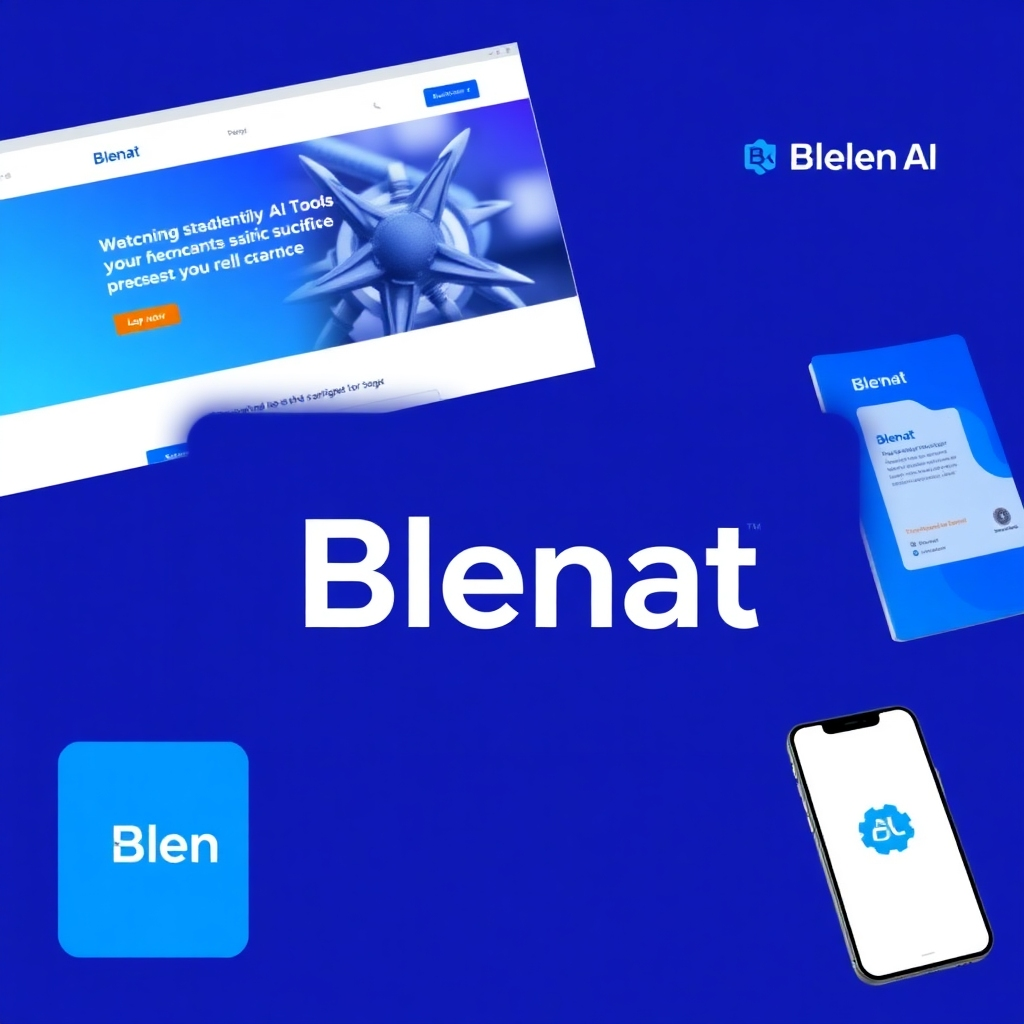 A stylized image showing the Blenat AI Tools logo integrated into different business contexts (website, mobile app, marketing materials). The color palette should align with the brand's overall aesthetic. The image should emphasize brand consistency and compatibility. The lighting should be consistent across all elements. The camera angle should showcase seamless integration.