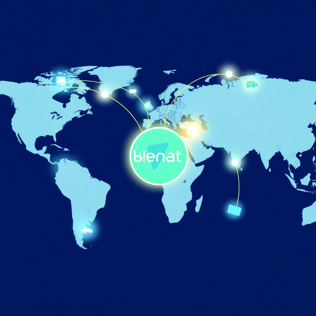 A stylized world map with glowing lines connecting various countries to the Blenat logo at the center. The lines represent the flow of products and packages across the globe, showcasing the global reach of Blenat's shipping services. The color palette is vibrant and modern, with a focus on blues, greens, and whites.