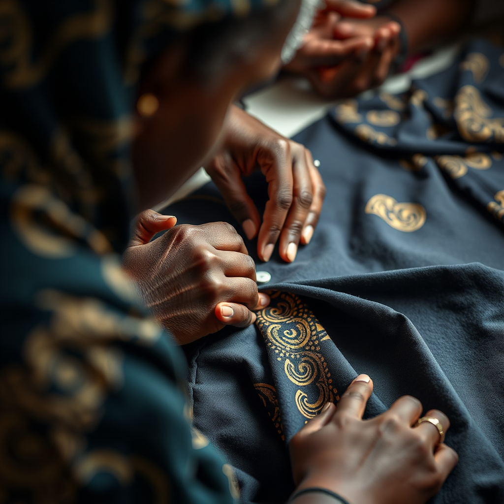 A tailor carefully altering a piece of African clothing, using precise measurements and techniques. The scene emphasizes the skill and attention to detail involved in the alteration process. Soft, diffused lighting enhances the image, highlighting the tailor's hands and the fabric's texture. Style reference: documentary-style photography with a focus on craftsmanship and expertise. Technical specs: 4K resolution, sharp focus.