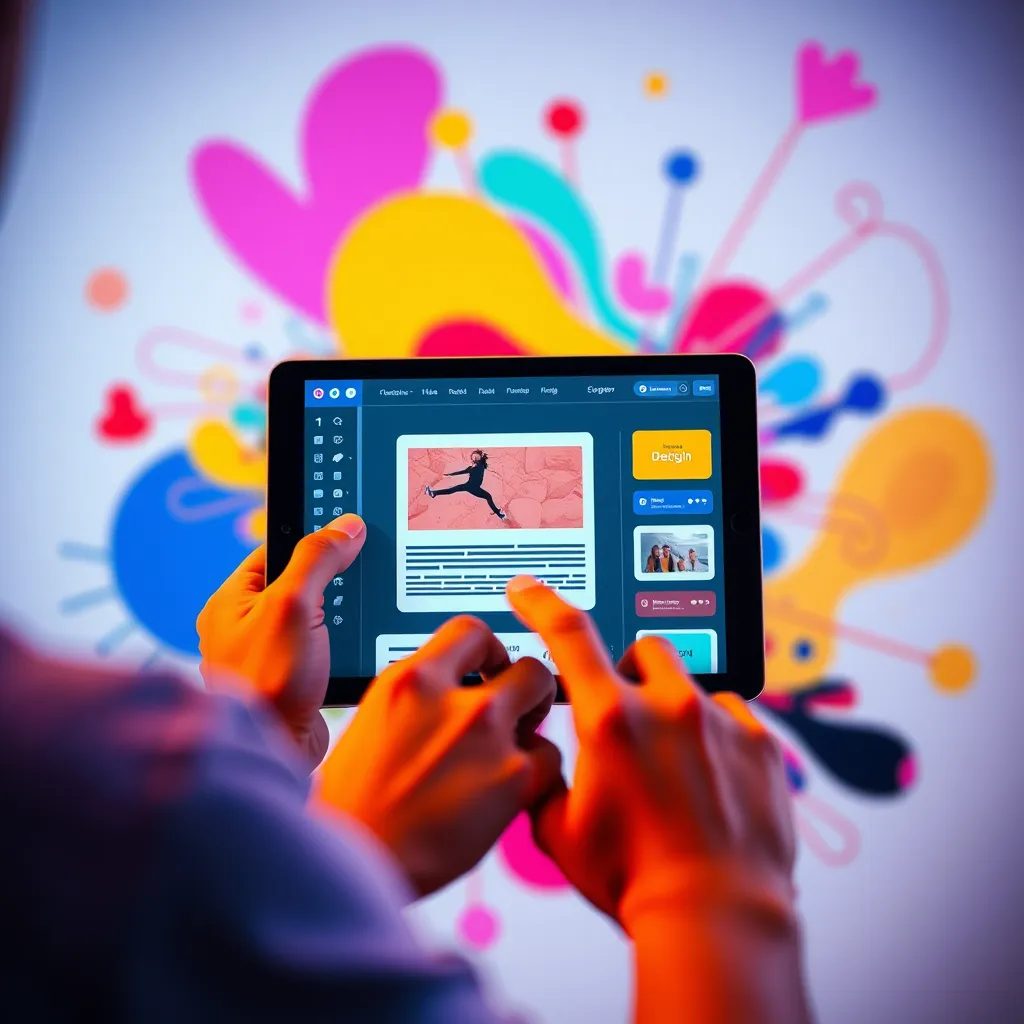 A vibrant and creative scene with a person using a tablet to design a website using a drag-and-drop interface with various elements like text boxes, images, and buttons. The background should feature colorful abstract shapes and patterns, representing a fusion of technology and artistic expression.