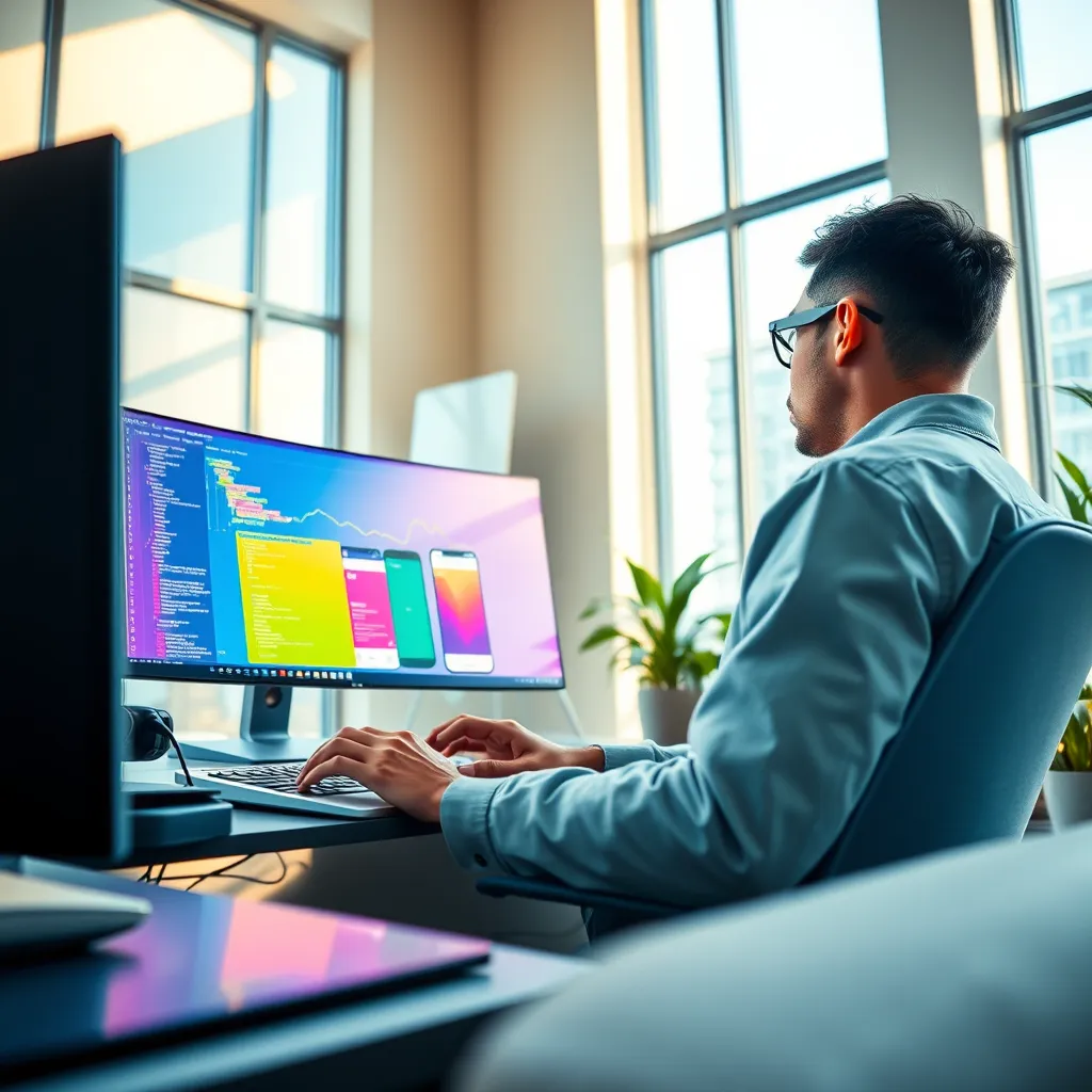 A vibrant and modern scene showcasing a developer working on a mobile app interface. The developer is surrounded by multiple screens displaying code, design mockups, and a phone with the app in progress. The room is filled with natural light streaming in from large windows, creating a bright and airy atmosphere. The color palette is a blend of cool blues and warm yellows, reflecting a sense of innovation and creativity. The image should be captured from a low angle, emphasizing the developer's focus and dedication. The developer is wearing casual attire and using a sleek, minimalist laptop with a vibrant, colorful app interface displayed on the screen. The scene is set in a modern and minimalist office space, with sleek furniture and plants adding a touch of life. The image should be hyperrealistic and ultra-detailed, capturing every detail of the developer's workspace, the technology, and the app interface.  The composition should create a sense of depth and intrigue, drawing the viewer's attention to the app development process and the potential of the app.