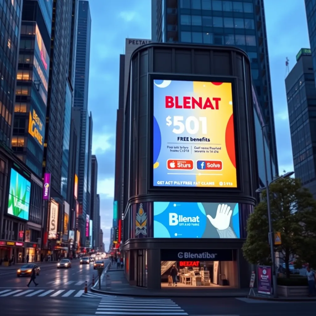 A vibrant cityscape with a focus on a building featuring a large digital billboard displaying the Blenat promotion. The billboard should feature a bold, eye-catching design highlighting the discounted price and free benefits. The image should convey a sense of urgency and encourage immediate action.