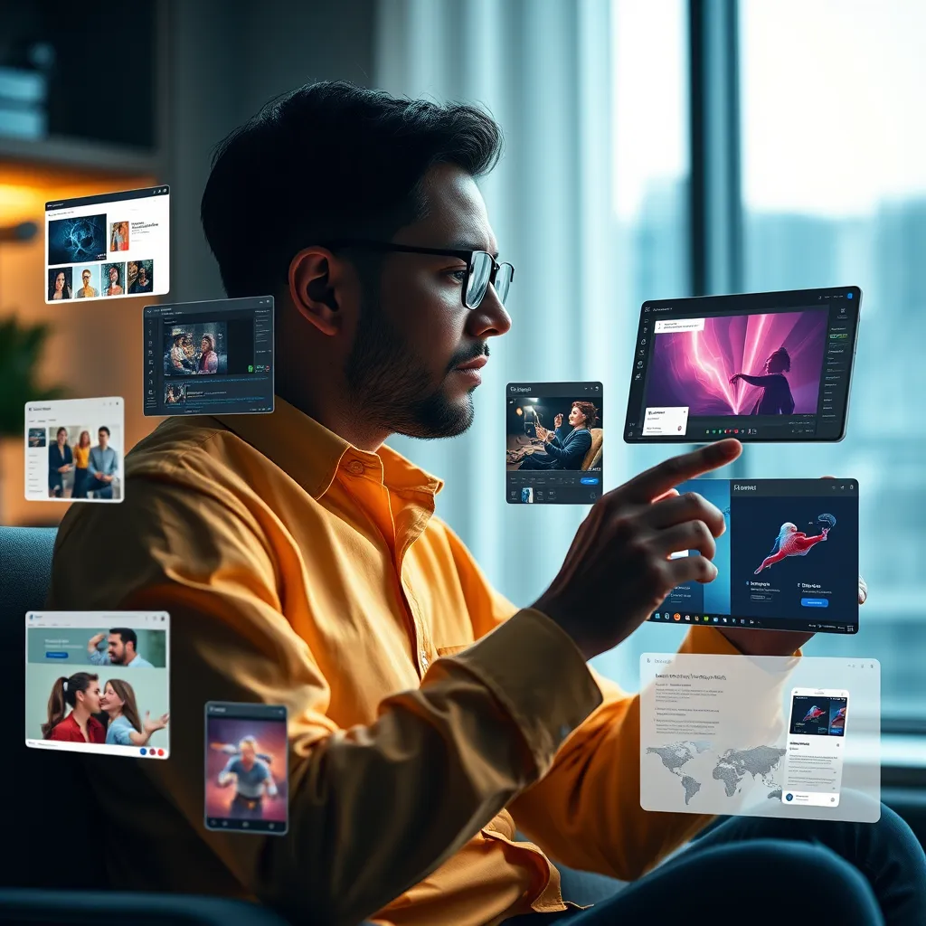 A visual representation of a Blenat user seamlessly transitioning between different Blenat apps, highlighting the ease of integration and efficient workflow. The image should be a collage or a series of connected screens showcasing different Blenat app functionalities, such as website editing, animation creation, and mobile app development.