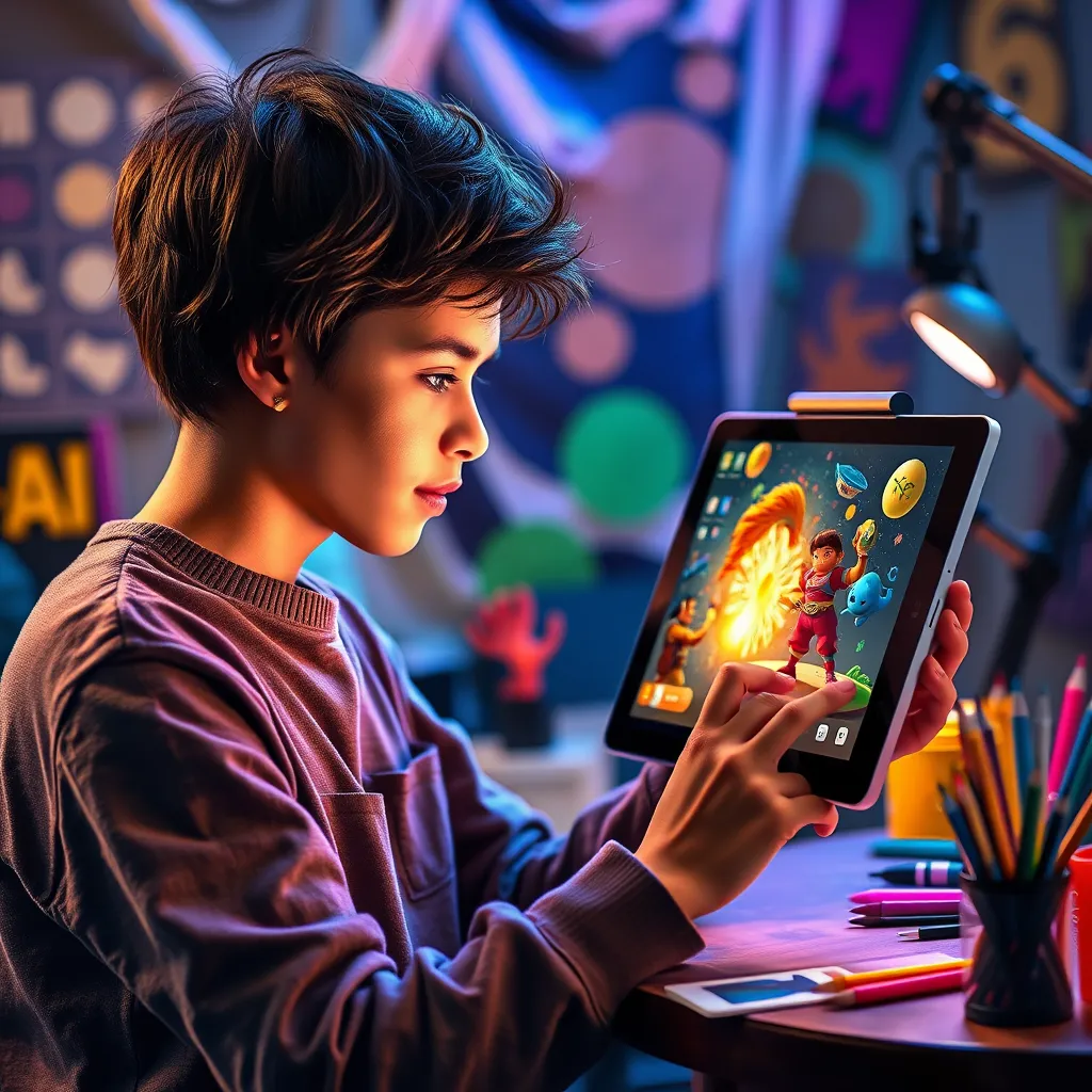 A young artist using a tablet to create a dynamic animation. The tablet's screen displays a user-friendly interface of our AI-powered animation app. The artist should be surrounded by colorful, creative tools and a vibrant background reflecting their passion.